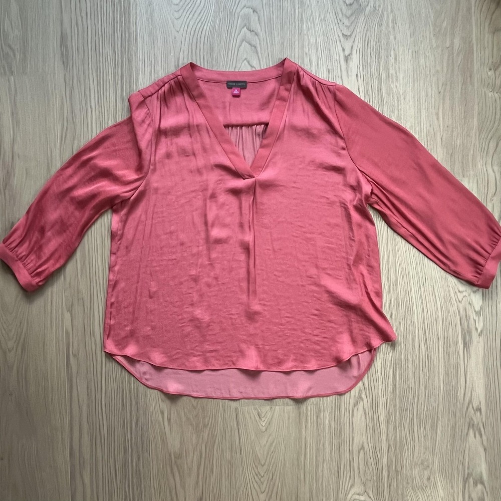 Vince Camuto‎ Blouse Womens XL Pink V-Neck 3/4 Sleeve High-Low Shirttail Top